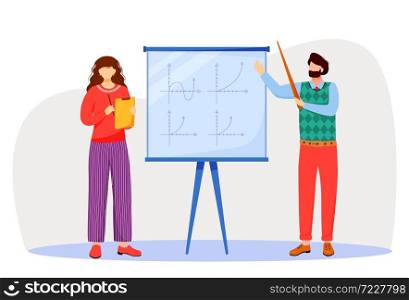 Teacher explains math graphs on whiteboard flat vector illustration. Studying process at university, school. Learning mathematics. Professor and student isolated cartoon characters on white background. Teacher explains math graphs on whiteboard flat vector illustration