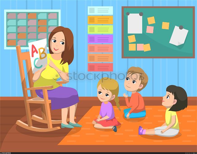 Teacher holding paper with letter, kids sitting on floor and listening, elementary school. Pupils learning language, girl and boy classmates, education vector. Language Lesson, Teacher and Pupils, School Vector