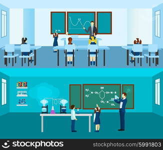 Teacher horizontal banner set with pupils in classroom isolated vector illustration. Teacher Banner Set