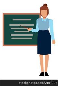 Teacher icon. Woman standing beside blackboard with stick isolated on white background. Teacher icon. Woman standing beside blackboard with stick