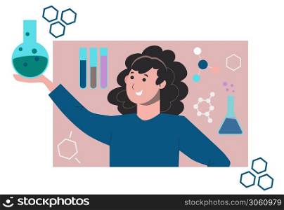 Teacher in chemistry class. Teacher woman character. Chemical experience. Vector cartoon flat illusrtation. Teacher in chemistry class. Teacher woman character. Chemical experience.