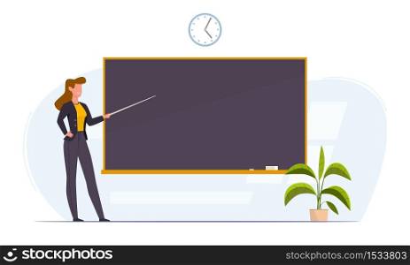 Teacher in classroom near chalkboard conduct lesson. Cartoon flat women with pointer teaching, young professor at university or college giving lecture or seminar, education vector concept. Teacher in classroom near chalkboard conduct lesson. Cartoon flat women with pointer teaching, young professor at university or college giving lecture vector concept