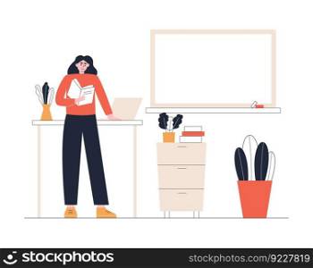 Teacher in classroom near chalkboard conduct lesson. Flat vector illustration isolated on white background.