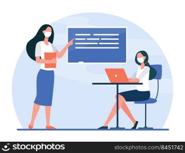 Teacher in mask explaining lesson to student. Laptop, distance, lecturer flat vector illustration. Pandemic and education concept for banner, website design or landing web page