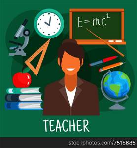 Teacher in school classroom flat icon with earth globe, microscope and blackboard with formula of energy, pile of books with apple on the top, wall clock, triangle ruler, pen and pencil. Education theme or schoolteacher profession design usage. Teacher in classroom with school supplies symbol