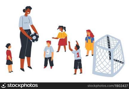 Teacher in school or kindergarten teaching kids to play football. Pupils in uniform looking at tutor. Physical education lesson and improvement of health of students at classes. Vector in flat style. School or kindergarten teacher playing football