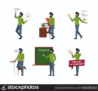 Teacher male. Characters in school or institute study students lecturing man standing in action poses and various gestures professional working vector illustration. Teacher school education lesson. Teacher male. Characters in school or institute study students lecturing man standing in action poses and various gestures professional working garish vector illustration