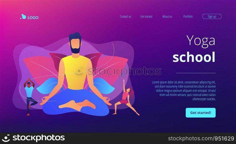 Teacher meditating in lotus pose and tiny people learning to do yoga exercises. Yoga school, open yoga studio, learn more about practice concept. Website homepage landing web page template.. Yoga school concept landing page.