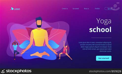 Teacher meditating in lotus pose and tiny people learning to do yoga exercises. Yoga school, open yoga studio, learn more about practice concept. Website homepage landing web page template.. Yoga school concept landing page.