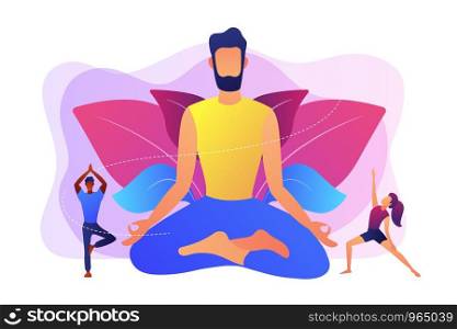 Teacher meditating in lotus pose and tiny people learning to do yoga exercises. Yoga school, open yoga studio, learn more about practice concept. Bright vibrant violet vector isolated illustration. Yoga school concept vector illustration.