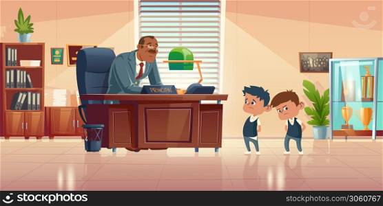 Teacher meeting with kids in principals office. Vector cartoon illustration of kind man school headmaster talk with two guilty boys. Administration cabinet with director and students. Teacher meeting with kids in principals office