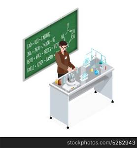 Teacher Of Chemistry Composition. School composition with teacher character at table with test tubes and equipment with blackboard and formulas vector illustration