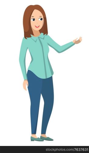 Teacher or tutor teaching kids. Young woman standing with raised hand and explaining information. Person isolated on white background. Back to school concept. Flat cartoon vector illustration. Teacher Standing Alone, Teaching and Explaining
