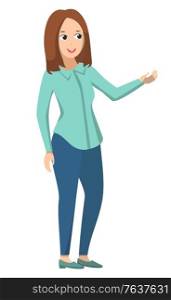Teacher or tutor teaching kids. Young woman standing with raised hand and explaining information. Person isolated on white background. Back to school concept. Flat cartoon vector illustration. Teacher Standing Alone, Teaching and Explaining