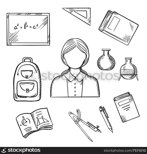 Teacher profession icons with woman encircled by blackboard with chalk formula, books, pen, laboratory flasks, school bag, exercise book with geometric figures, triangle ruler. Sketch style vector. School teacher with education sketch icons