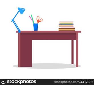 Teacher&rsquo;s Table with Books, Stationery and Lamp. Minimalistic vector illustration of wooden brown table with lamp, stationery supplies and books of different colors isolated on white background.