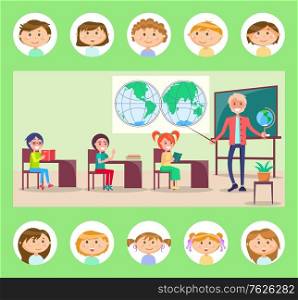 Teacher showing map, geography lessons, pupils sitting at table with books, green classroom decorated by desk and globe. Round icon of children vector. Back to school concept. Flat cartoon. Teacher and Pupils, Geography Lesson, Tutor Vector