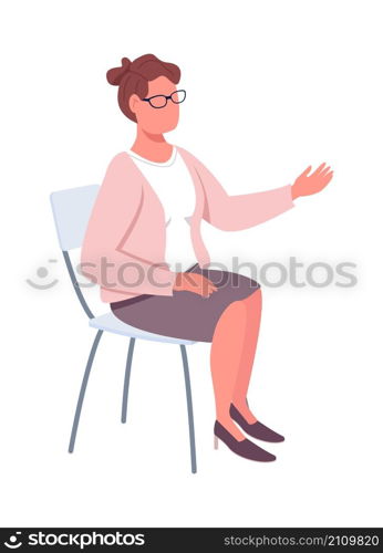 Teacher sitting and talking semi flat color vector character. Sitting figure. Full body person on white. Consulting isolated modern cartoon style illustration for graphic design and animation. Teacher sitting and talking semi flat color vector character