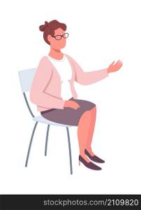 Teacher sitting and talking semi flat color vector character. Sitting figure. Full body person on white. Consulting isolated modern cartoon style illustration for graphic design and animation. Teacher sitting and talking semi flat color vector character
