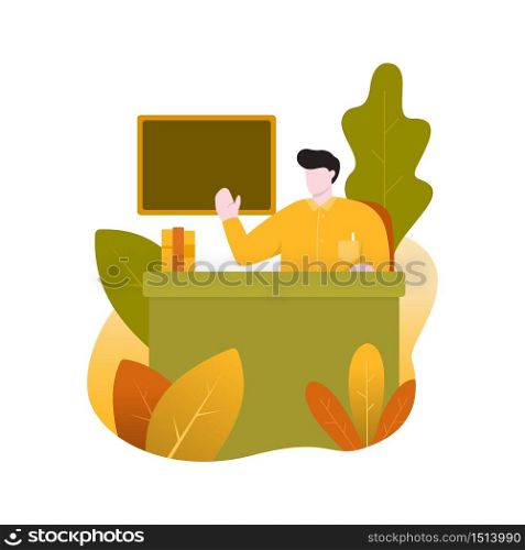Teacher Sitting Desk with Book Blackboard Flat Design Illustration