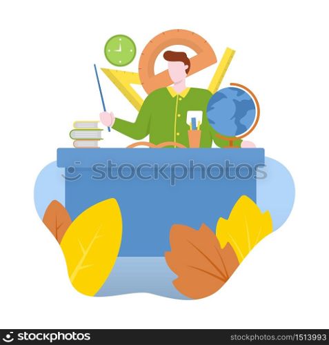 Teacher Sitting Desk with Book Ruler Flat Design Illustration