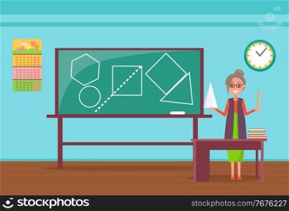 Teacher stand near table and chalkboard. Old woman have figure in hands. Circle and square, rectangle and triangle drawn on blackboard. Back to school concept. Flat cartoon vector illustration. Teacher Stand near Blackboard with Drawn Figures