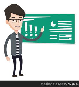 Teacher standing in classroom. Teacher standing in front of the blackboard with a piece of chalk in hand. Teacher writing on a chalkboard. Vector flat design illustration isolated on white background.. Man writing on a chalkboard vector illustration.