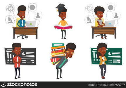 Teacher standing in classroom. Teacher standing in front of the blackboard with a piece of chalk. Teacher writing on a chalkboard. Set of vector flat design illustrations isolated on white background.. Vector set of student characters.