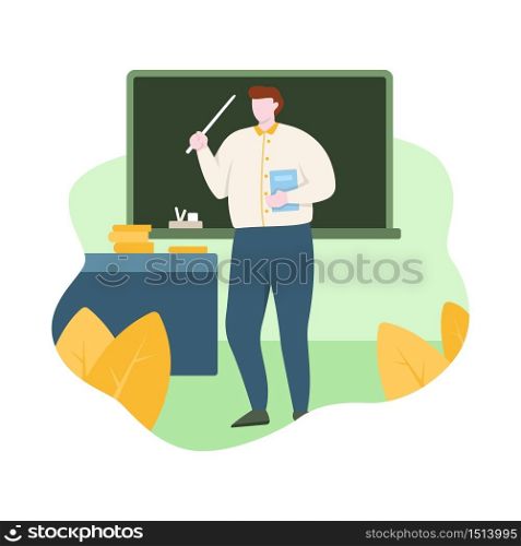 Teacher Standing in front of Classroom with Book Blackboard Flat Design Illustration