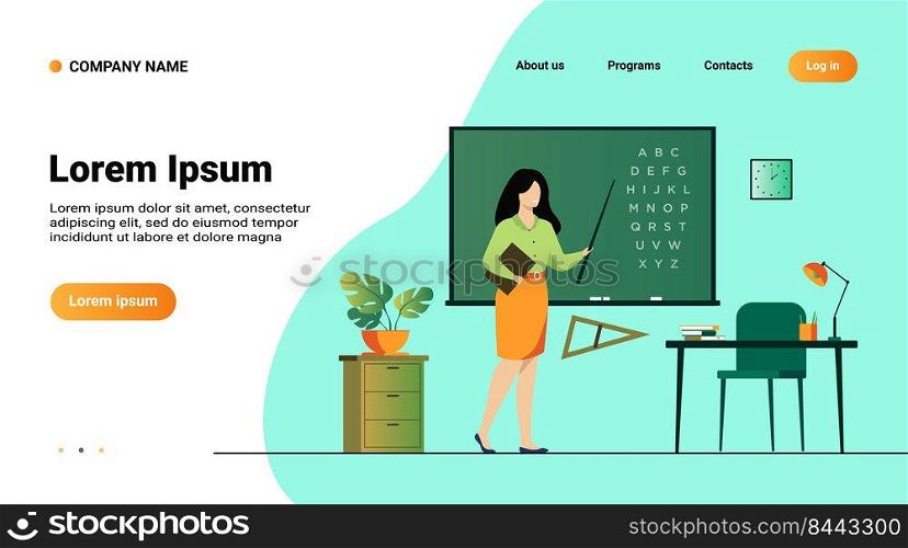 Teacher standing near blackboard and holding stick isolated flat vector illustration. Cartoon woman character near chalkboard and pointing on alphabet. School and learning concept