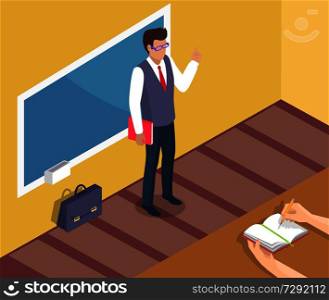 Teacher standing near blackboard on grammar lesson side view 3D vector illustration. Leather briefcase stands on floor, pupils hands with open textbook. Teacher Standing Near Blackboard on Grammar Lesson