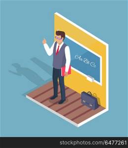 Teacher Standing Near Blackboard on Grammar Lesson. Teacher standing near blackboard on grammar lesson side view 3D vector illustration isolated on blue. Leather briefcase stands on floor