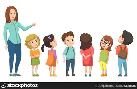 Teacher standing with pupils and showing, girl and boy looking. Elementary school, classmates education, tutor teaching, school-children discussing vector. Pupil and Teacher Standing Together, School Vector
