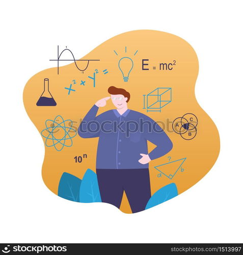 Teacher Standing with Symbol Formula of Mathematics Physics Chemistry Flat Illustration