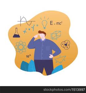 Teacher Standing with Symbol Formula of Mathematics Physics Chemistry Flat Illustration
