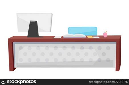 Teacher table with school supplies vector, isolated workplace of tutor. School education, office with laptop, computer and pencil in box flat style. Teachers Table with Computer and Books Vector