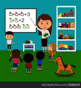 Teacher teaching kids in kindergarten. Vector preschool educational concept. Teacher teaching kids