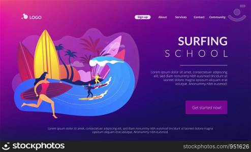 Teacher teaching surfing, riding a wave on the surfboard in ocean, tiny people. Surfing school, surf spot area, learn to surf here concept. Website homepage landing web page template.. Surfing school concept landing page.