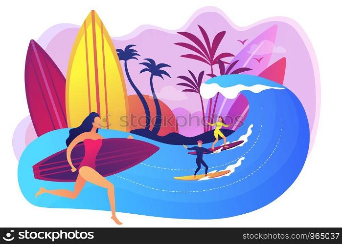 Teacher teaching surfing, riding a wave on the surfboard in ocean, tiny people. Surfing school, surf spot area, learn to surf here concept. Bright vibrant violet vector isolated illustration. Surfing school concept vector illustration.