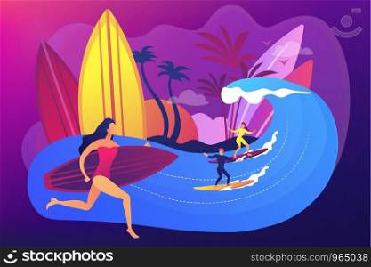 Teacher teaching surfing, riding a wave on the surfboard in ocean, tiny people. Surfing school, surf spot area, learn to surf here concept. Bright vibrant violet vector isolated illustration. Surfing school concept vector illustration.