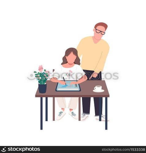Teacher with art student flat color vector faceless character. Father helps daughter with homework. Lesson on creative activity isolated cartoon illustration for web graphic design and animation. Teacher with art student flat color vector faceless character