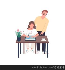 Teacher with art student flat color vector faceless character. Father helps daughter with homework. Lesson on creative activity isolated cartoon illustration for web graphic design and animation. Teacher with art student flat color vector faceless character