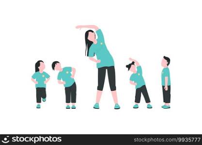Teacher with children exercising flat color vector faceless characters. Physical activity for kids. Kindergarten sport class isolated cartoon illustration for web graphic design and animation. Teacher with children exercising flat color vector faceless characters