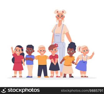 Teacher with kids. Happy children and young female educator standing in row. Cartoon cute smiling boys and girls with nanny. Isolated cheerful group of people in school, vector childhood illustration. Teacher with kids. Happy children and young female educator standing in row. Cute smiling boys and girls with nanny. Cheerful group of people in school, vector childhood illustration