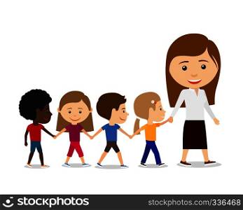 Teacher with kids on white background, walking and holding hands. Kids education vector illustration. Teacher with kids on white background.