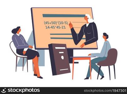 Teacher with students showing maths problems and solving. People sitting on chairs and looking at board with example. Education and development of mathematical skills at class. Vector in flat style. People studying maths at lessons, tutor and pupil
