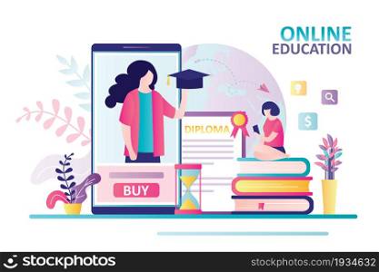 Teacher with university cap on smartphone screen. Concept of online education, studying and e-learning. Female student sits on books with mobile phone. Banner in trendy style. Flat vector illustration. Teacher with university cap on smartphone screen. Concept of online education, studying and e-learning