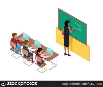 Teacher Writing on Blackboard and Pupils at Desks. Female teacher in black dress stands and writes home work on green blackboard, pupils sit at desks with modern light open laptops. Vector illustration of studying and teaching at school on white