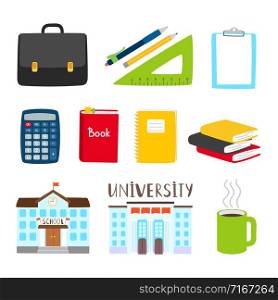 Teachers and students tools icons. Vector subjects for study cartoon collection. Illustration of building school and organizer book. Teachers and students tools icons. Vector subjects for study cartoon collection
