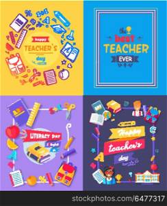 Teachers Day Promo Poster Vector Illustration. Teachers day, literacy day, promotional poster depicting title , books and rulers, fruits and pupils, bags and school building vector illustration